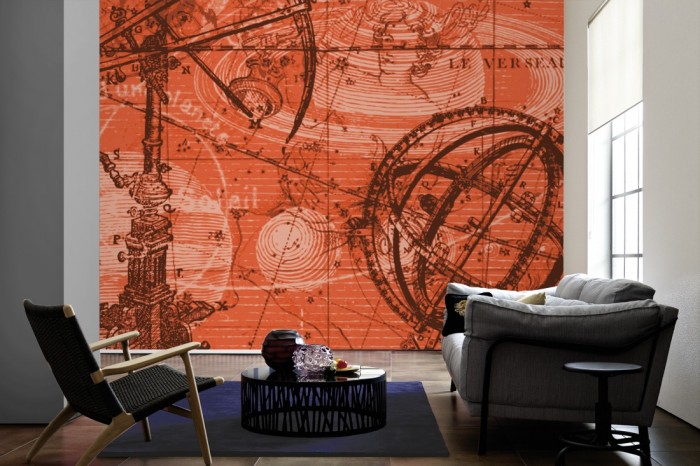 Im Wohnzimmer die Designer-Fototapete Antike Astronomie, Artwork by Mylumi auf einer großen Wand tapeziert. Die Designer-Fototapete Antike Astronomie, Artwork by Mylumi ist als Vlies-Fototapete im Wohnzimmer leicht zu tapezieren.