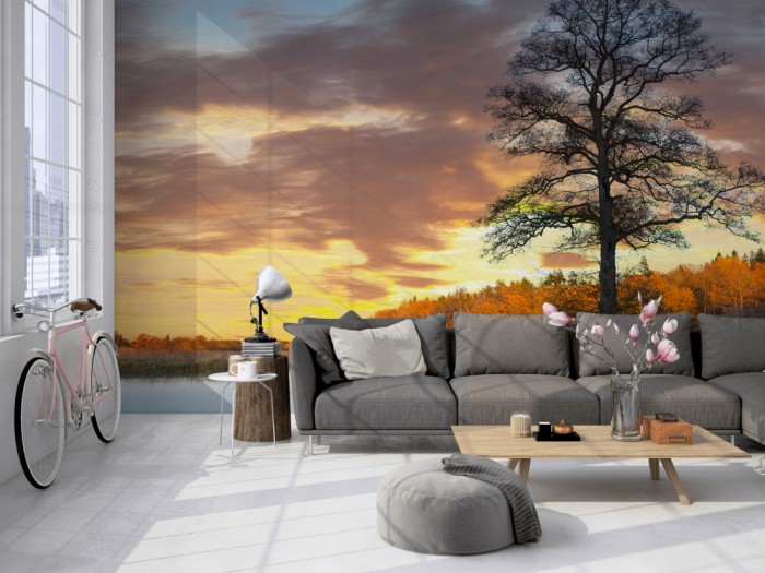 Die Fototapete Sonnenuntergang am Waldsee, Schweden auf einer großen Wand im Loft tapeziert. Die Fototapete Sonnenuntergang am Waldsee, Schweden wird individuell auf Deine Wand angepasst.