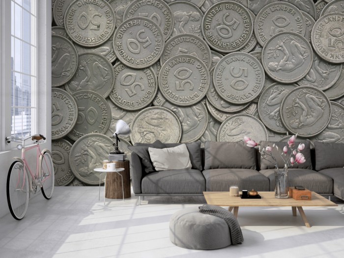Die Fototapete Münzen, 50 Pfennig auf einer großen Wand im Loft tapeziert. Die Fototapete Münzen, 50 Pfennig wird individuell auf Deine Wand angepasst.