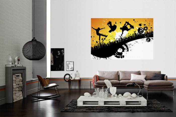Die Design-Fototapete Skater, Artwork für Kinder als Wandbild im Wohnzimmer. Die Vlies-Design-Fototapete Skater, Artwork für Kinder verschönert als Wandbild Deine Wand.