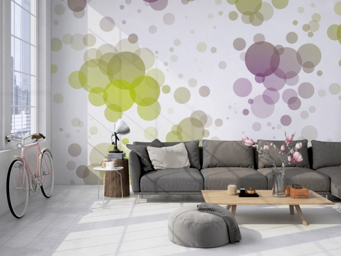 Die Design-Fototapete Geometrie Kreise auf einer großen Wand im Loft tapeziert. Die Design-Fototapete Geometrie Kreise wird individuell auf Deine Wand angepasst.