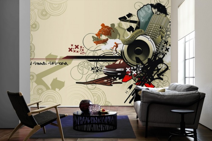 Im Wohnzimmer die Design-Fototapete Urbane Musik, Artwork auf einer großen Wand tapeziert. Die Design-Fototapete Urbane Musik, Artwork ist als Vlies-Fototapete im Wohnzimmer leicht zu tapezieren.