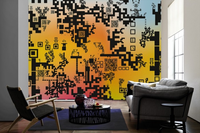 Im Wohnzimmer die Design-Fototapete Geometrie QR-Codes auf einer großen Wand tapeziert. Die Design-Fototapete Geometrie QR-Codes ist als Vlies-Fototapete im Wohnzimmer leicht zu tapezieren.