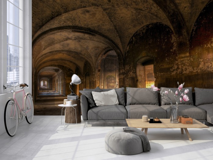 Die Fototapete Vintage Villa Gewölbegang, Lost Places auf einer großen Wand im Loft tapeziert. Die Fototapete Vintage Villa Gewölbegang, Lost Places wird individuell auf Deine Wand angepasst.