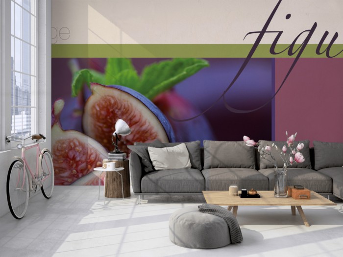 Die Design-Fototapete Feigen, Artwork auf einer großen Wand im Loft tapeziert. Die Design-Fototapete Feigen, Artwork wird individuell auf Deine Wand angepasst.